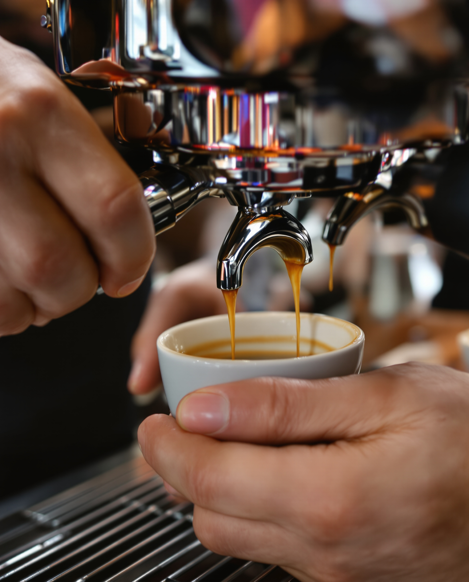 Ruce baristy připravující espresso — crema stéká do šálku